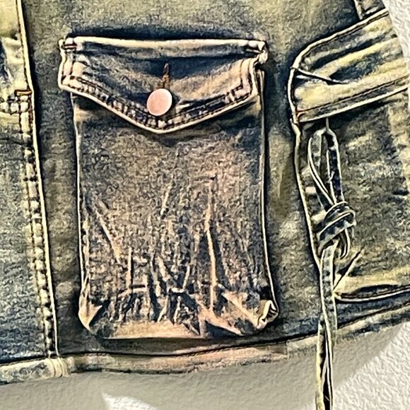 AMERICAN BAZI Denim Mini Skirt Cargo Pockets Over-dyed Distressed Blue Size L - Picture 4 of 13